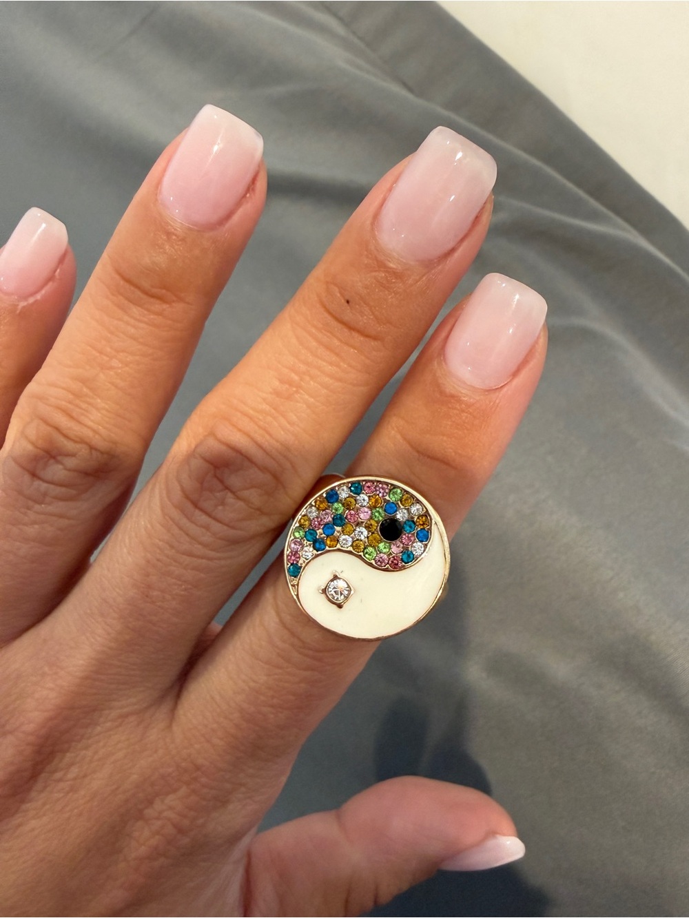 GUC BaubleBar White Enamel Yin Yang Ring with Multicolor Crystals